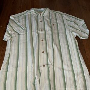 Tommy Bahama Green and White Striped Button Down Shirt